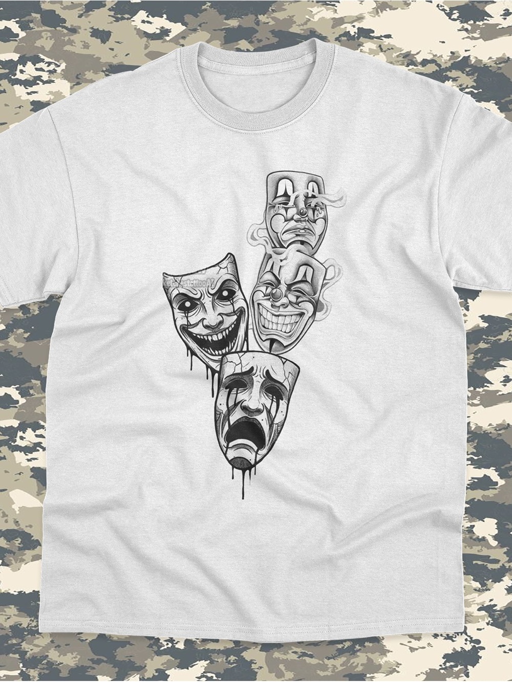 Tattoo shirt White Graphic Men’s T-Shirt with Theatrical Mask Design